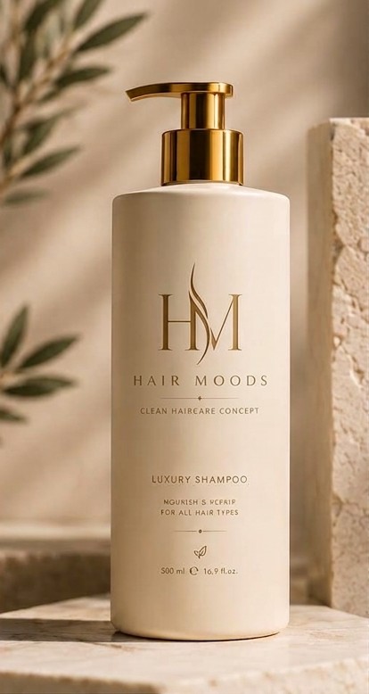 Hair Moods luxury shampoo bottle with gold pump on travertine stone